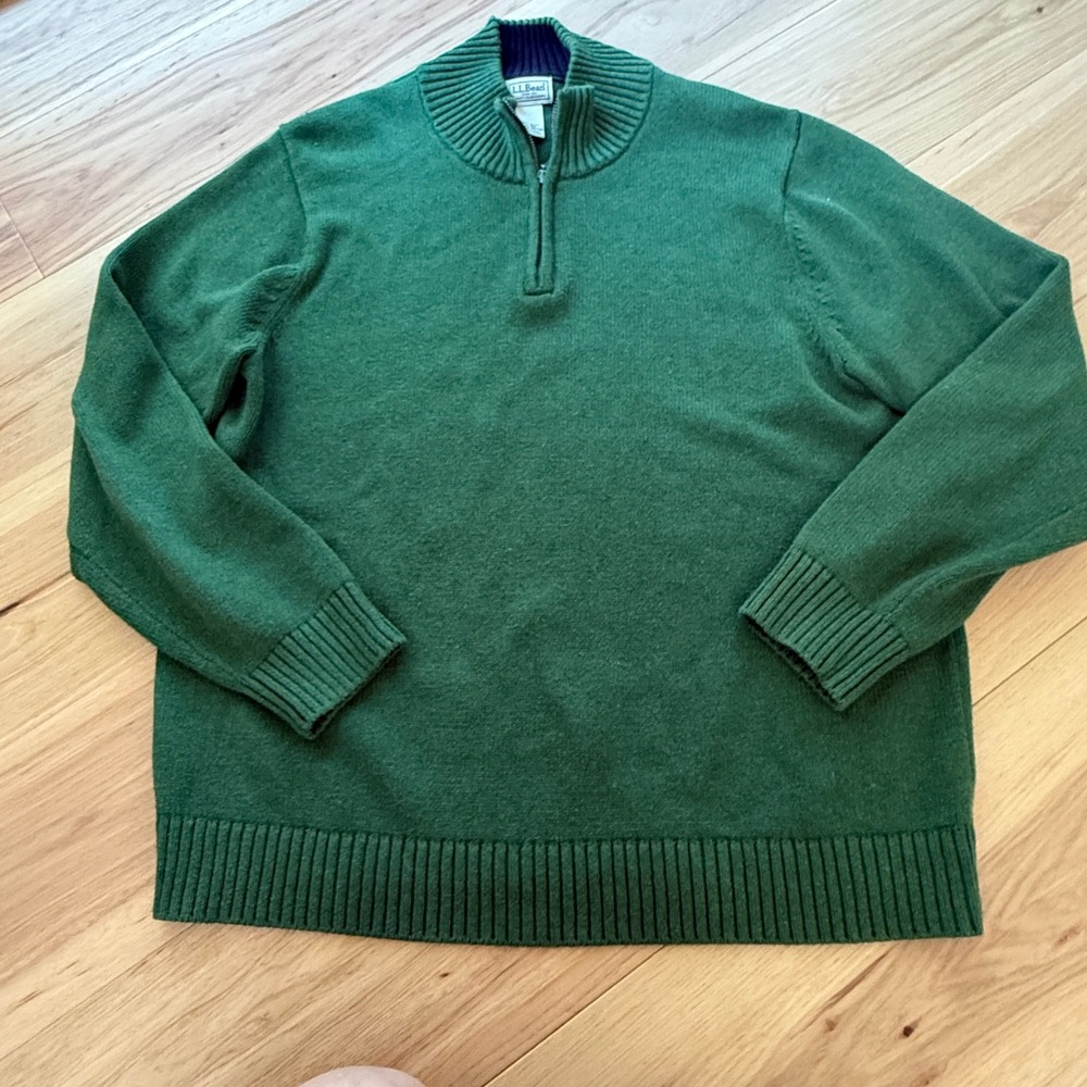 LL Bean Quarter Zip Sweater Mens XL Green 100% Cotton Pullover 287736